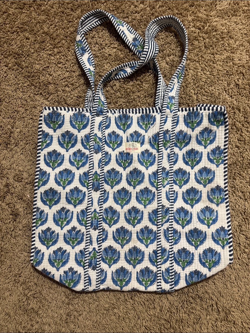Floral Blue Cotton Tote Bag by Golden Gate